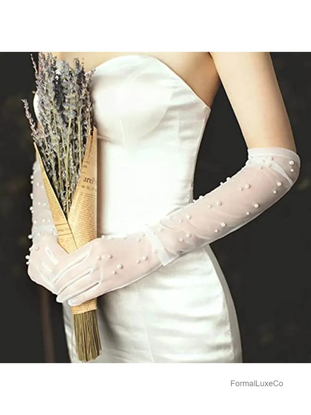 Pearl Tulle Wedding Gloves Long Opera Evening Sheer Fingerless Lace Bridal